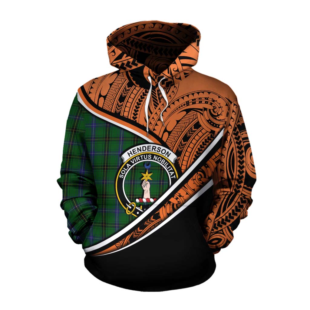 Tartan Vibes Clothing Henderson Crest Tartan Cotton Hoodie with Maori Tattoo Style - Orange Version