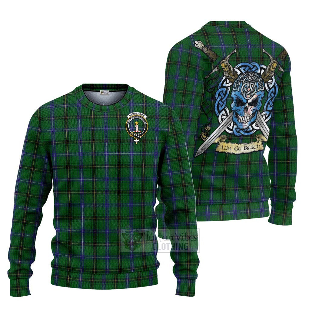 Tartan Vibes Clothing Henderson Tartan Knitted Sweater with Family Crest Celtic Skull Style