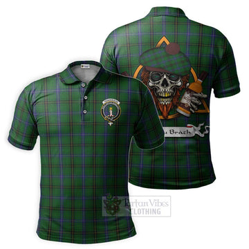 Henderson Tartan Polo Shirt with Family Crest and Bearded Skull Holding Bottles of Whiskey