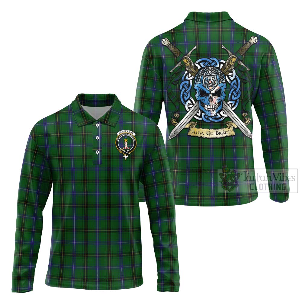 Tartan Vibes Clothing Henderson Tartan Long Sleeve Polo Shirt with Family Crest Celtic Skull Style