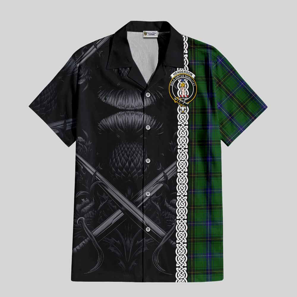 Tartan Vibes Clothing Henderson Tartan Short Sleeve Button Shirt with Family Crest Cross Sword Thistle Celtic Vibes