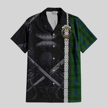 Henderson Tartan Short Sleeve Button Shirt with Family Crest Cross Sword Thistle Celtic Vibes