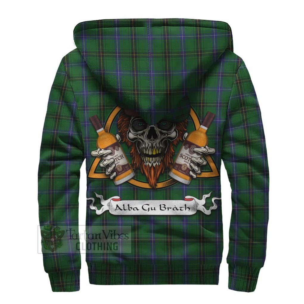 Tartan Vibes Clothing Henderson Tartan Sherpa Hoodie with Family Crest and Bearded Skull Holding Bottles of Whiskey