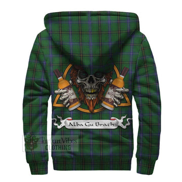 Henderson Tartan Sherpa Hoodie with Family Crest and Bearded Skull Holding Bottles of Whiskey