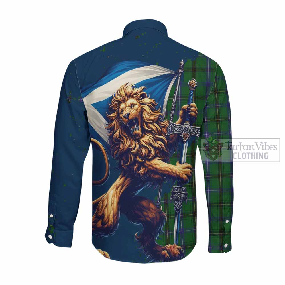 Tartan Vibes Clothing Henderson Tartan Family Crest Long Sleeve Button Shirt with Scottish Majestic Lion