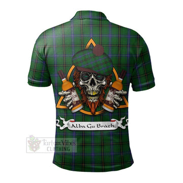 Henderson Tartan Polo Shirt with Family Crest and Bearded Skull Holding Bottles of Whiskey