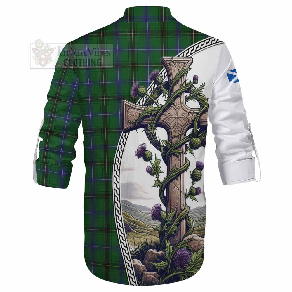 Tartan Vibes Clothing Henderson Tartan Ghillie Kilt Shirt with Family Crest and St. Andrew's Cross Accented by Thistle Vines