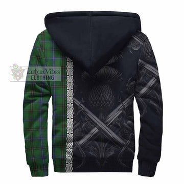 Henderson Tartan Sherpa Hoodie with Family Crest Cross Sword Thistle Celtic Vibes