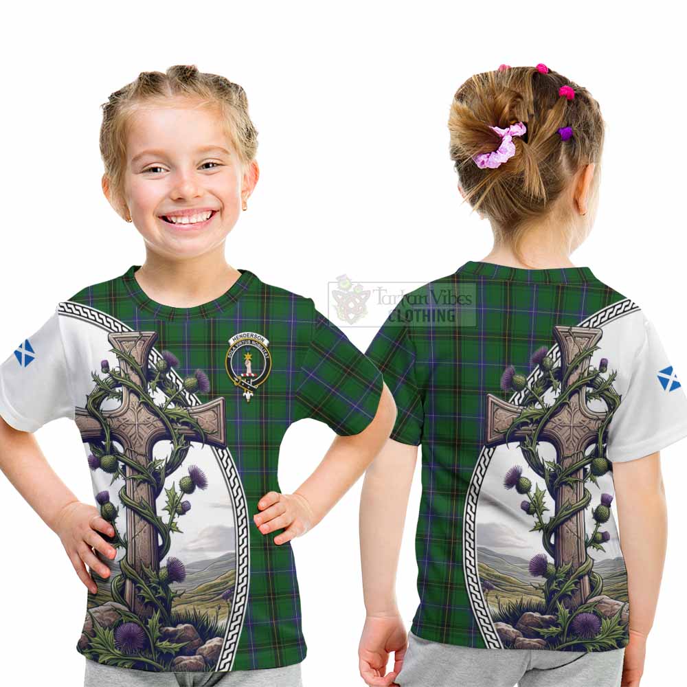 Tartan Vibes Clothing Henderson Tartan Kid T-Shirt with Family Crest and St. Andrew's Cross Accented by Thistle Vines