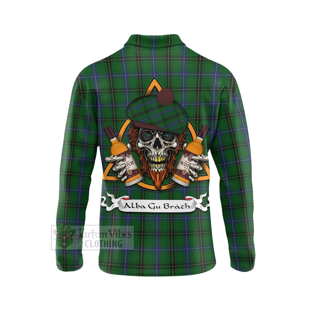 Tartan Vibes Clothing Henderson Tartan Long Sleeve Polo Shirt with Family Crest and Bearded Skull Holding Bottles of Whiskey