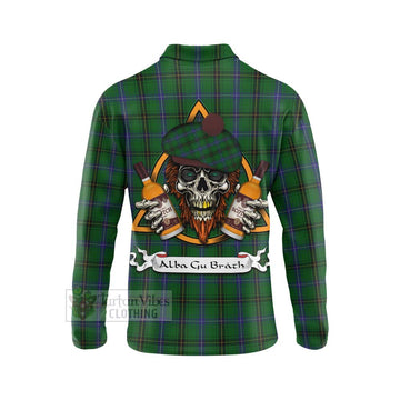 Henderson Tartan Long Sleeve Polo Shirt with Family Crest and Bearded Skull Holding Bottles of Whiskey