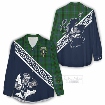 Henderson Tartan Women's Casual Shirt Featuring Thistle and Scotland Map