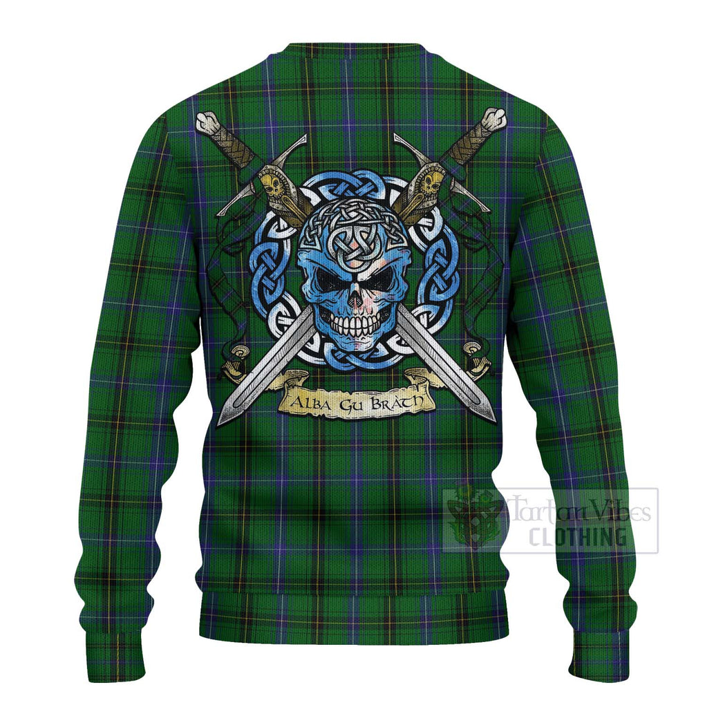 Tartan Vibes Clothing Henderson Tartan Knitted Sweater with Family Crest Celtic Skull Style