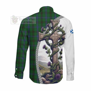 Henderson Tartan Long Sleeve Button Shirt with Family Crest and St. Andrew's Cross Accented by Thistle Vines