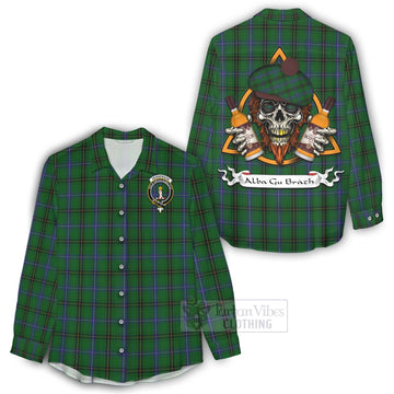 Henderson Tartan Women's Casual Shirt with Family Crest and Bearded Skull Holding Bottles of Whiskey