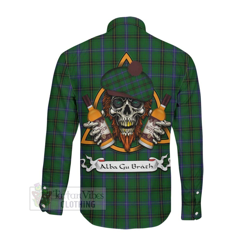 Tartan Vibes Clothing Henderson Tartan Long Sleeve Button Shirt with Family Crest and Bearded Skull Holding Bottles of Whiskey