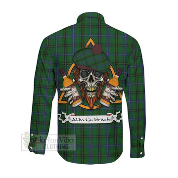 Henderson Tartan Long Sleeve Button Shirt with Family Crest and Bearded Skull Holding Bottles of Whiskey