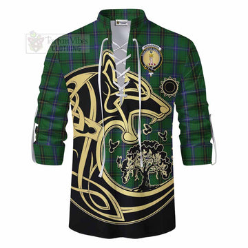 Henderson Tartan Ghillie Kilt Shirt with Family Crest Celtic Wolf Style