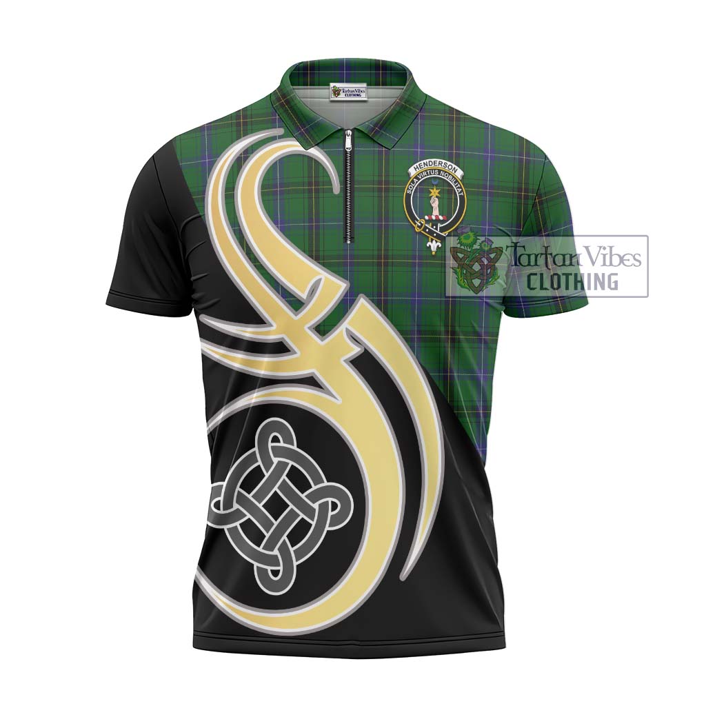 Tartan Vibes Clothing Henderson Tartan Zipper Polo Shirt with Family Crest and Celtic Symbol Style