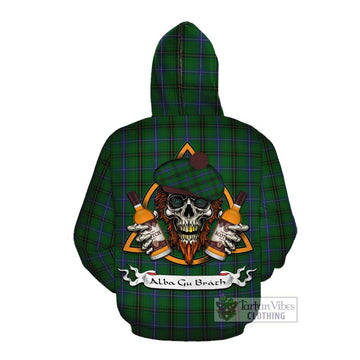 Henderson Tartan Cotton Hoodie with Family Crest and Bearded Skull Holding Bottles of Whiskey