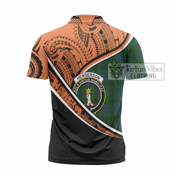 Henderson Crest Tartan Zipper Polo Shirt with Polynesian Vibes Style - Orange Version