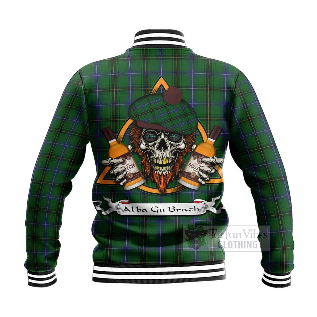 Tartan Vibes Clothing Henderson Tartan Baseball Jacket with Family Crest and Bearded Skull Holding Bottles of Whiskey