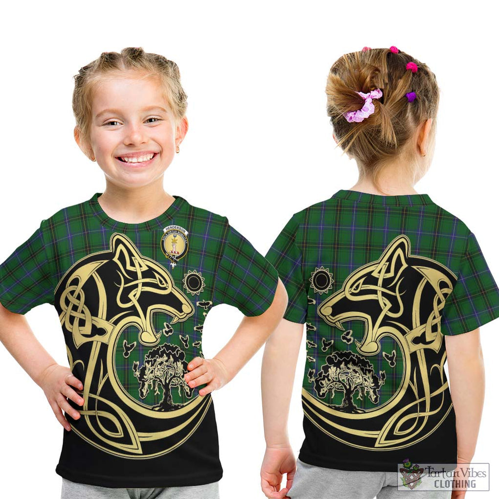 Henderson Tartan Kid T-Shirt with Family Crest Celtic Wolf Style - Tartan Vibes Clothing