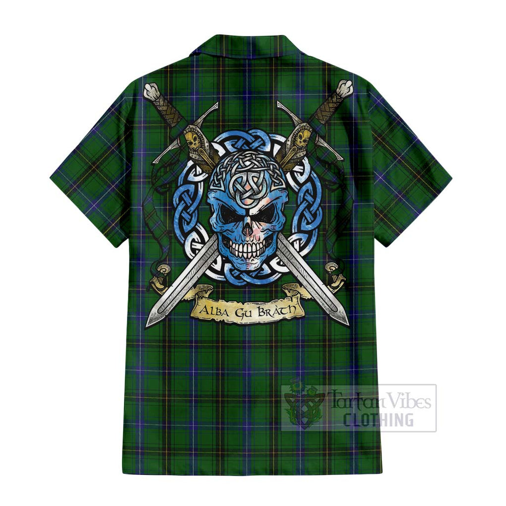 Tartan Vibes Clothing Henderson Tartan Short Sleeve Button Shirt with Family Crest Celtic Skull Style