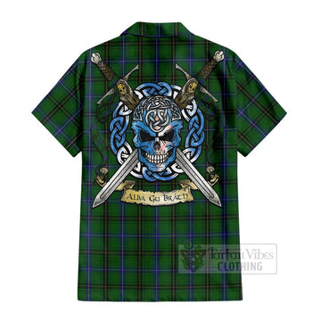 Henderson Tartan Short Sleeve Button Shirt with Family Crest Celtic Skull Style