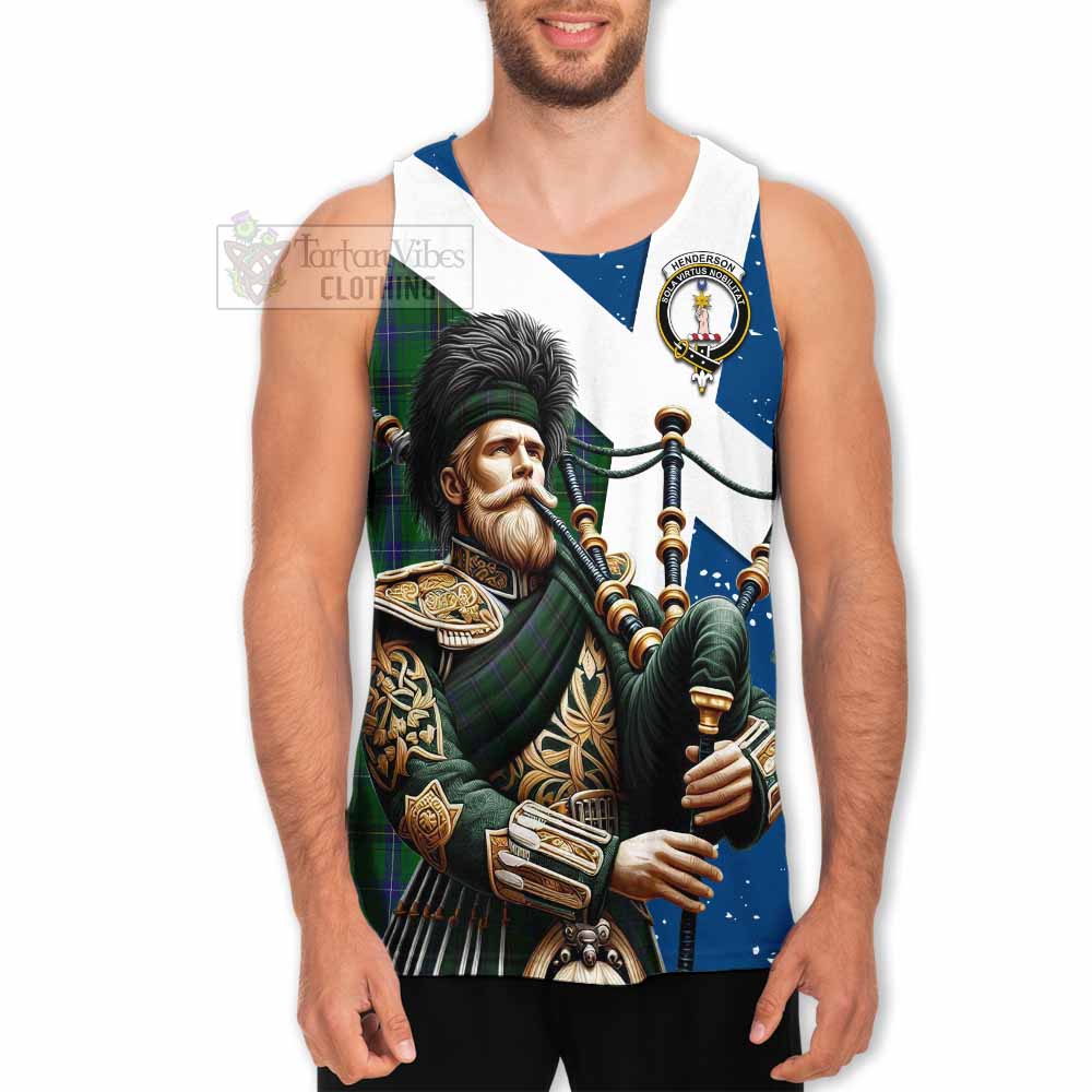 Henderson Tartan Men's Tank Top with Family Crest Scottish Bagpiper Vibes