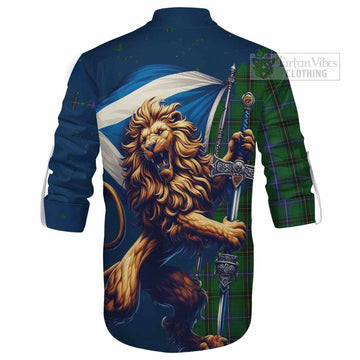 Henderson Tartan Family Crest Ghillie Kilt Shirt with Scottish Majestic Lion