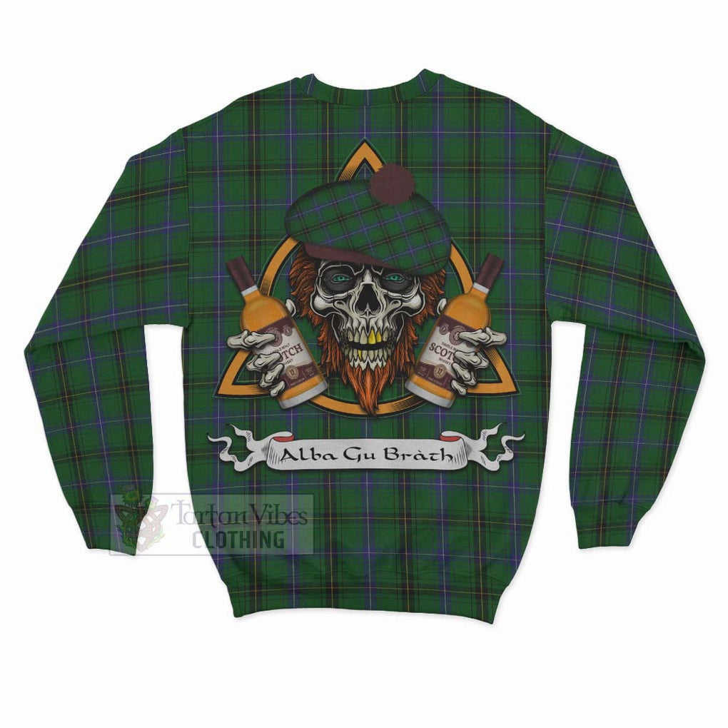 Tartan Vibes Clothing Henderson Tartan Sweatshirt with Family Crest and Bearded Skull Holding Bottles of Whiskey