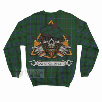 Henderson Tartan Sweatshirt with Family Crest and Bearded Skull Holding Bottles of Whiskey