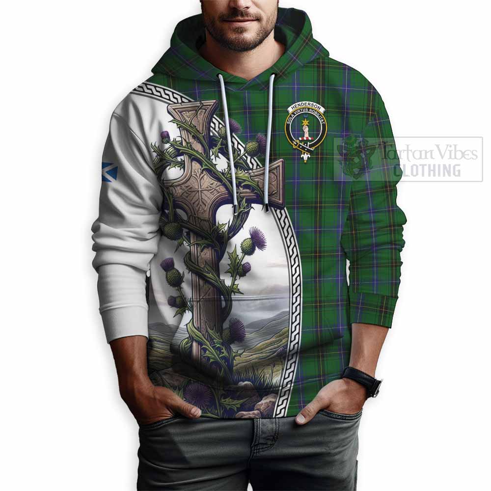 Tartan Vibes Clothing Henderson Tartan Hoodie with Family Crest and St. Andrew's Cross Accented by Thistle Vines