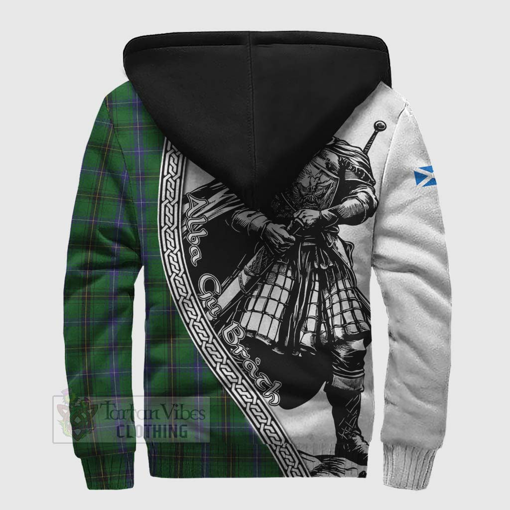 Tartan Vibes Clothing Henderson Tartan Clan Crest Sherpa Hoodie with Highlander Warrior Celtic Style