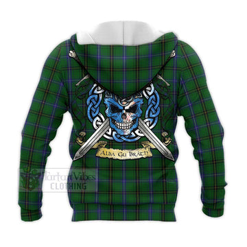 Henderson Tartan Knitted Hoodie with Family Crest Celtic Skull Style