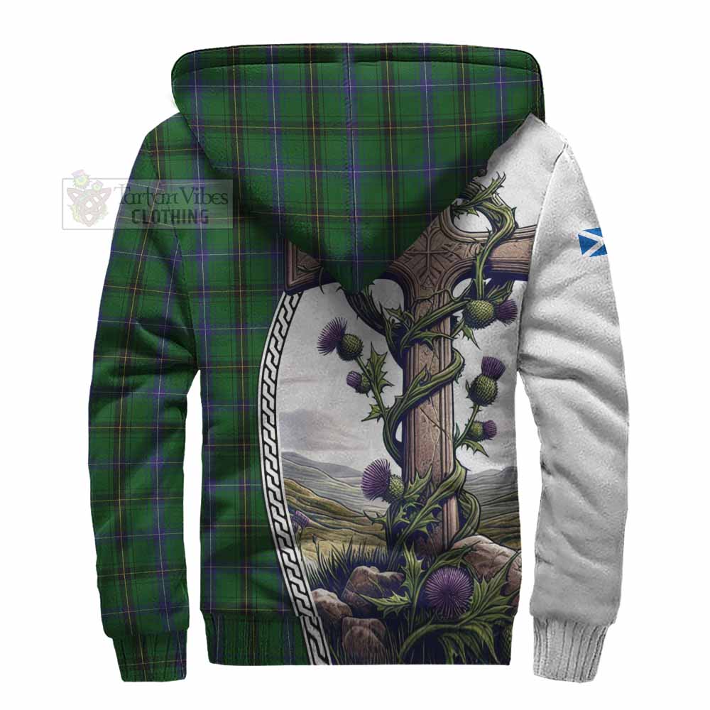 Tartan Vibes Clothing Henderson Tartan Sherpa Hoodie with Family Crest and St. Andrew's Cross Accented by Thistle Vines