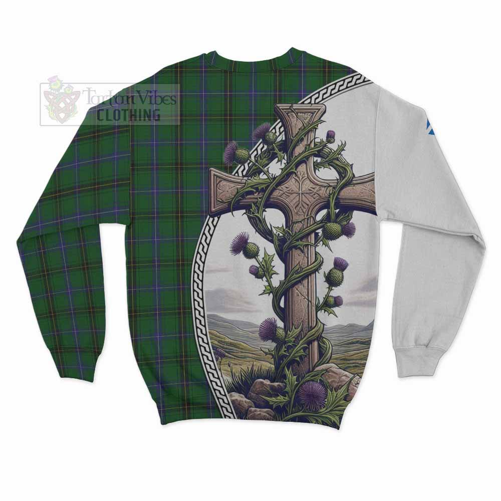 Tartan Vibes Clothing Henderson Tartan Sweatshirt with Family Crest and St. Andrew's Cross Accented by Thistle Vines