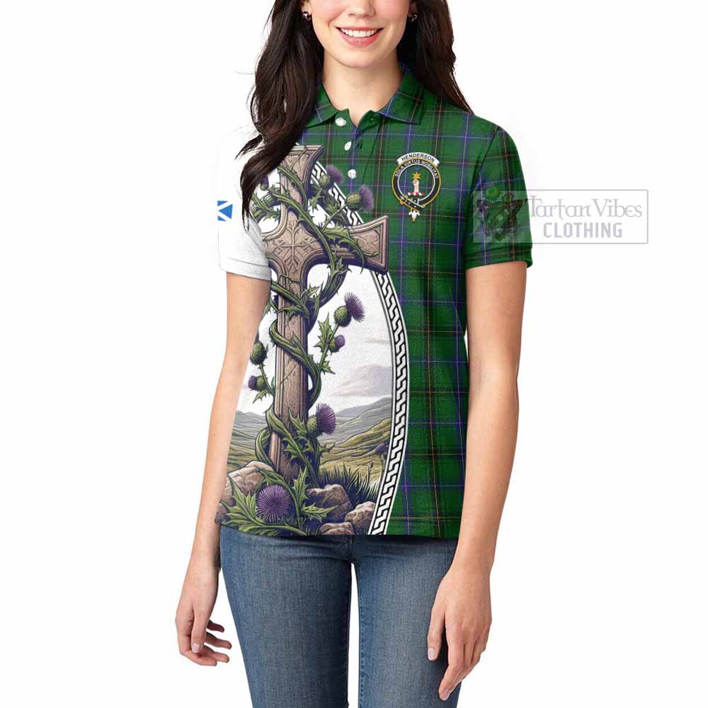 Tartan Vibes Clothing Henderson Tartan Women's Polo Shirt with Family Crest and St. Andrew's Cross Accented by Thistle Vines