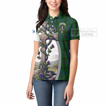 Henderson Tartan Women's Polo Shirt with Family Crest and St. Andrew's Cross Accented by Thistle Vines