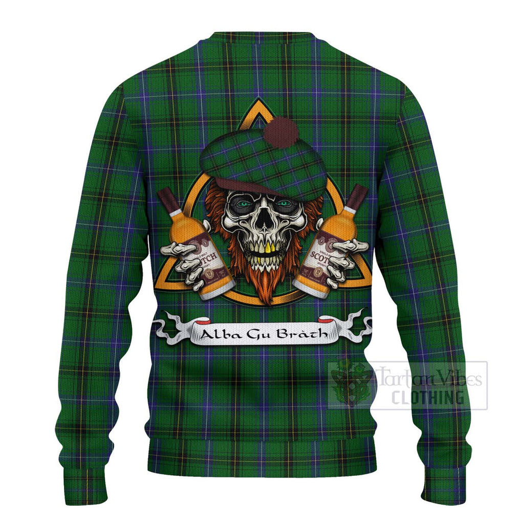 Tartan Vibes Clothing Henderson Tartan Knitted Sweater with Family Crest and Bearded Skull Holding Bottles of Whiskey