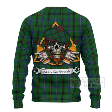 Henderson Tartan Ugly Sweater with Family Crest and Bearded Skull Holding Bottles of Whiskey