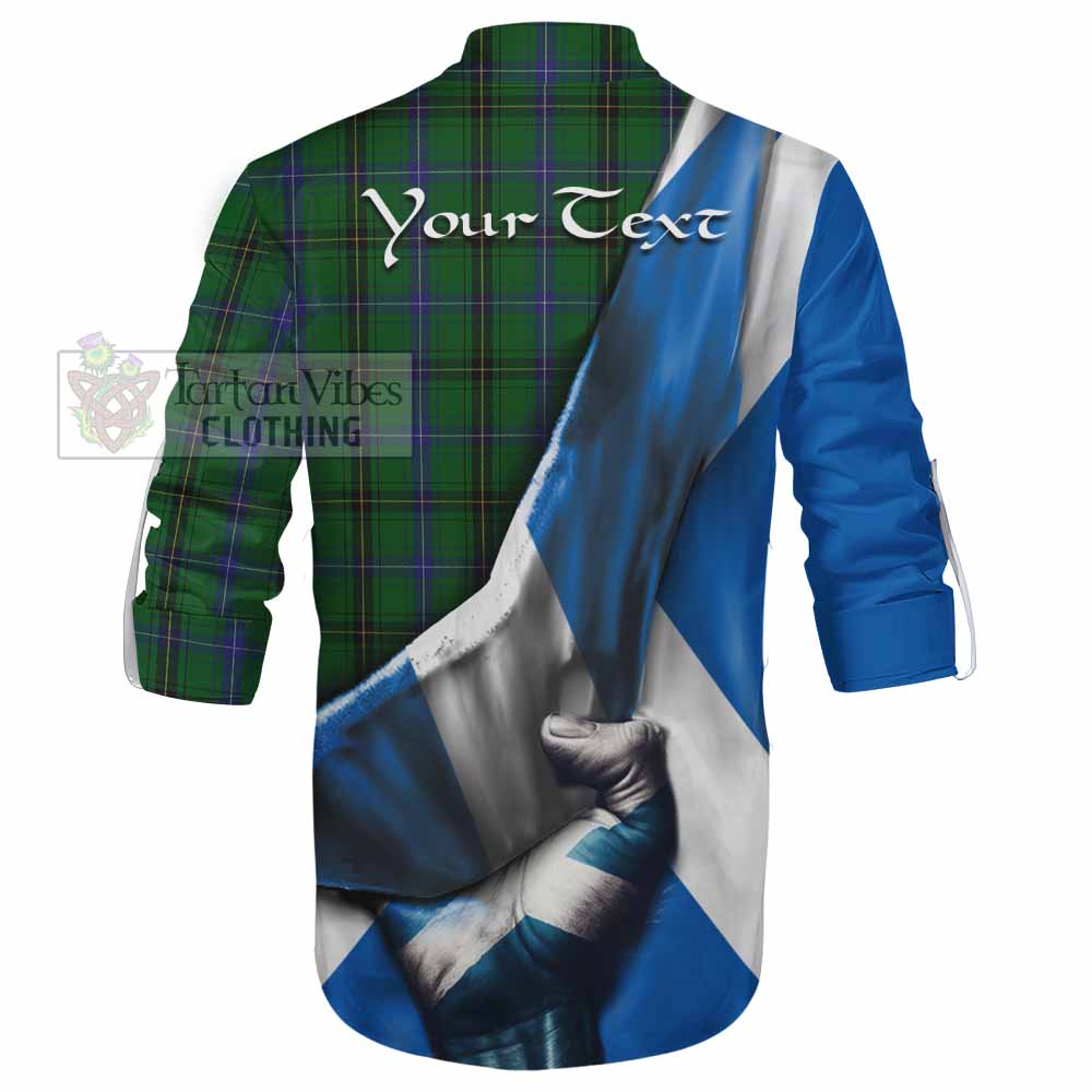 Tartan Vibes Clothing Henderson Tartan Ghillie Kilt Shirt with Family Crest Scotland Patriotic Style