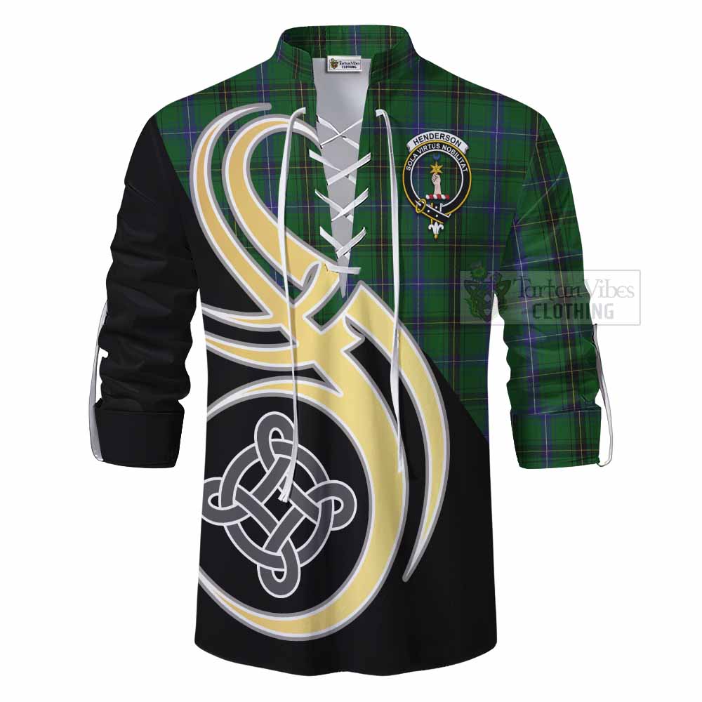 Tartan Vibes Clothing Henderson Tartan Ghillie Kilt Shirt with Family Crest and Celtic Symbol Style