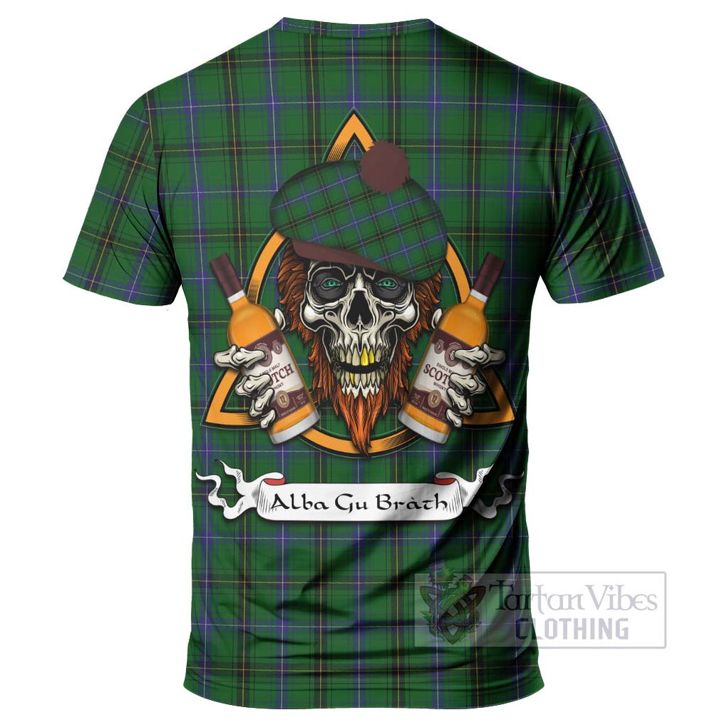 Tartan Vibes Clothing Henderson Tartan T-Shirt with Family Crest and Bearded Skull Holding Bottles of Whiskey