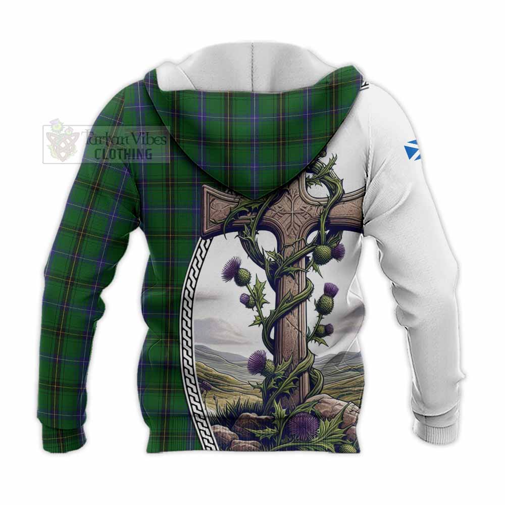 Tartan Vibes Clothing Henderson Tartan Knitted Hoodie with Family Crest and St. Andrew's Cross Accented by Thistle Vines