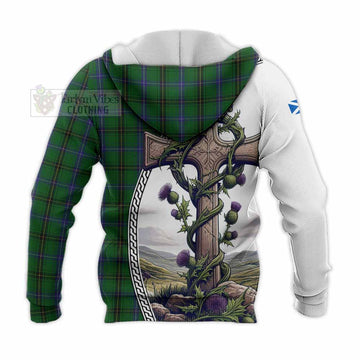 Henderson Tartan Knitted Hoodie with Family Crest and St. Andrew's Cross Accented by Thistle Vines