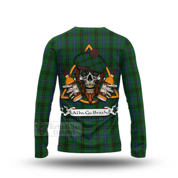 Henderson Tartan Long Sleeve T-Shirt with Family Crest and Bearded Skull Holding Bottles of Whiskey