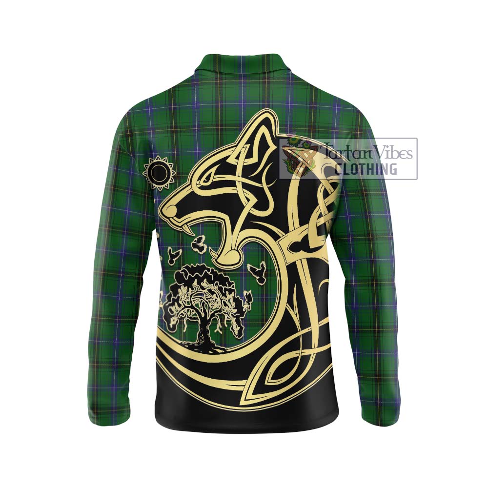 Henderson Tartan Long Sleeve Polo Shirt with Family Crest Celtic Wolf Style - Tartanvibesclothing Shop