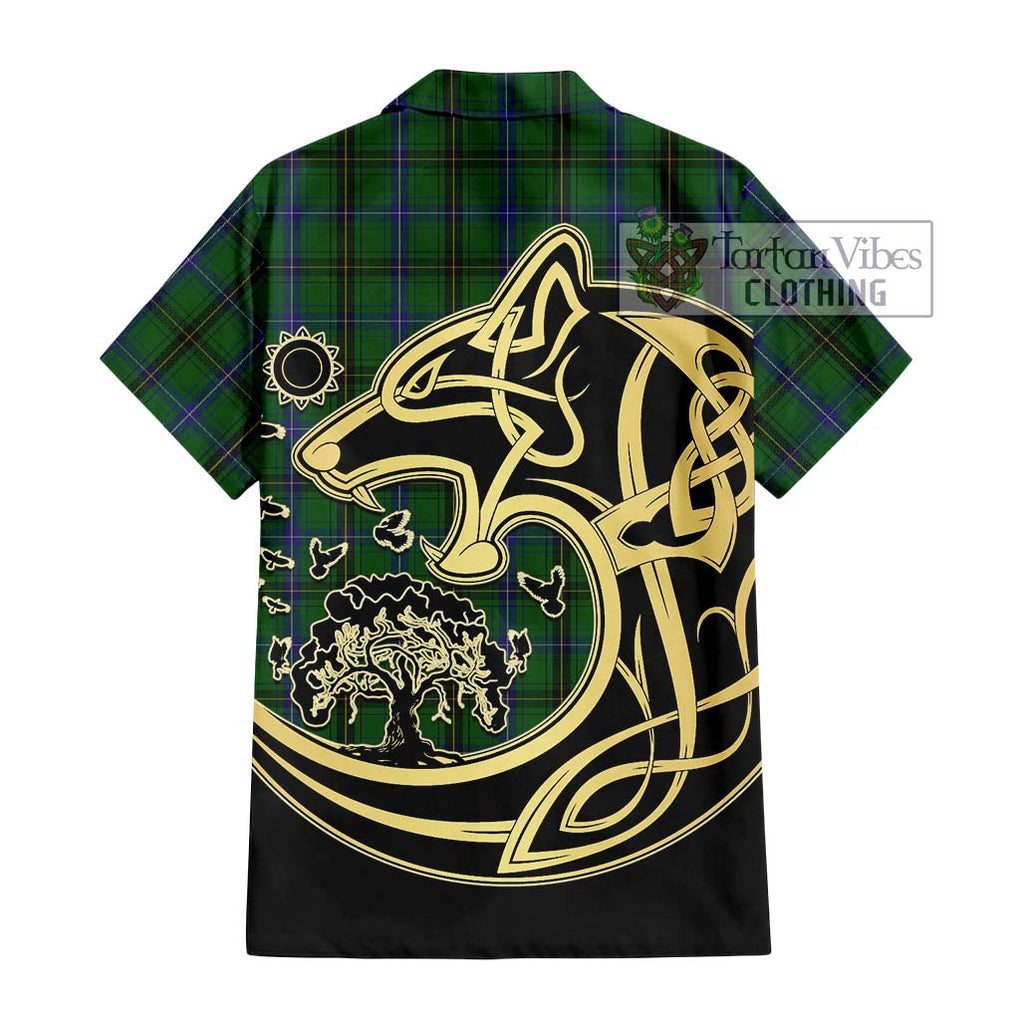 Henderson Tartan Short Sleeve Button Shirt with Family Crest Celtic Wolf Style - Tartan Vibes Clothing